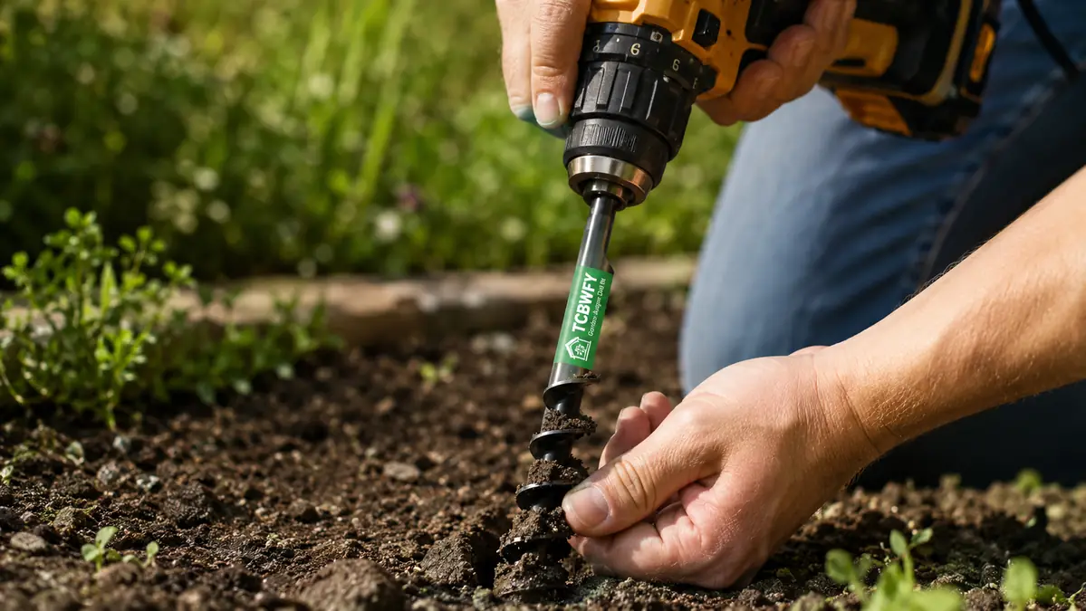 Close-up of a hand guiding a spiral auger bit chucked into a cordless drill as it bores into garden soil