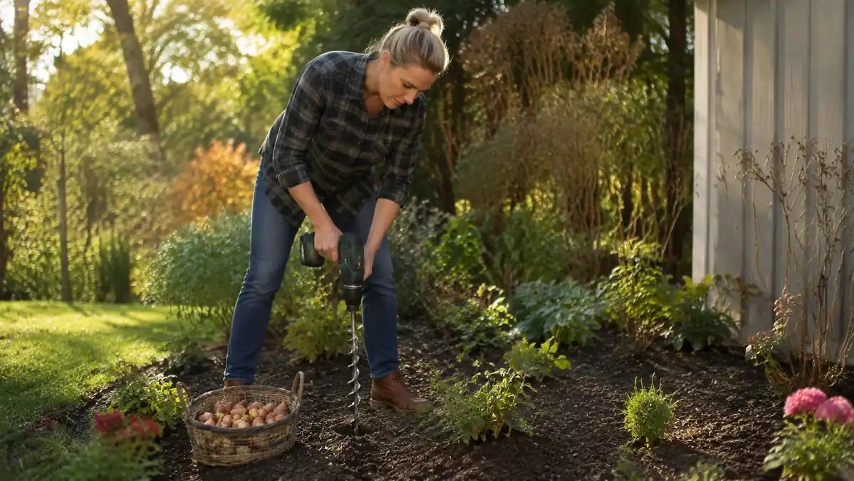 Home gardener using a cordless drill fitted with a spiral auger bit to bore a planting hole in a flower bed