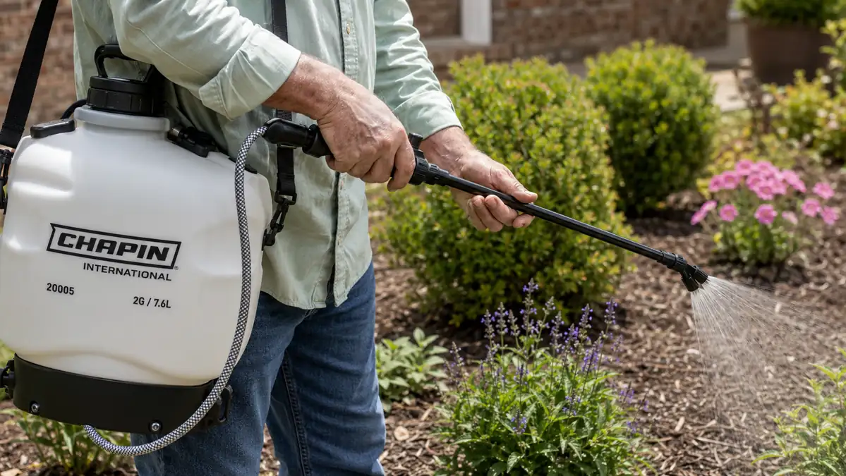 Close-up of a hand gripping the cushioned shut-off valve of a backpack sprayer while spraying a garden bed