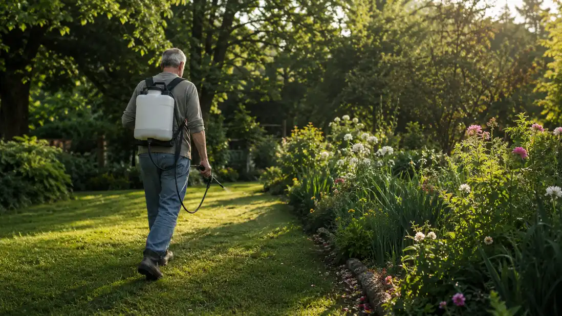 Home gardener wearing a backpack sprayer and walking across a lawn toward a flower bed in early morning light