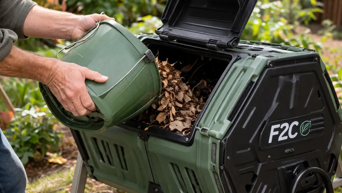Hand adding kitchen scraps and dried leaves into an open compost tumbler chamber