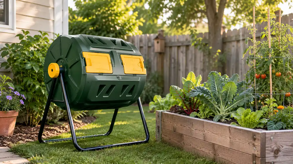 Compost tumbler on a steel frame in a small suburban backyard next to a vegetable garden bed