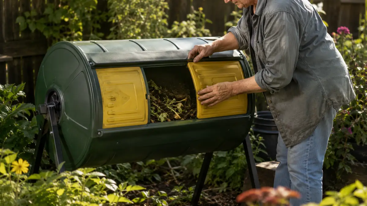 Gardener opening the sliding door of a black compost tumbler bin in a backyard garden
