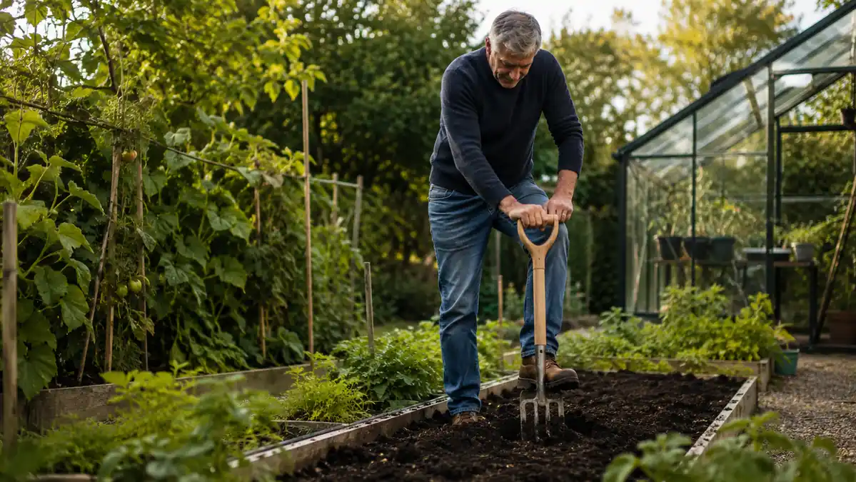 Home gardener driving a four-tine digging fork into a raised garden bed to break up compacted soil