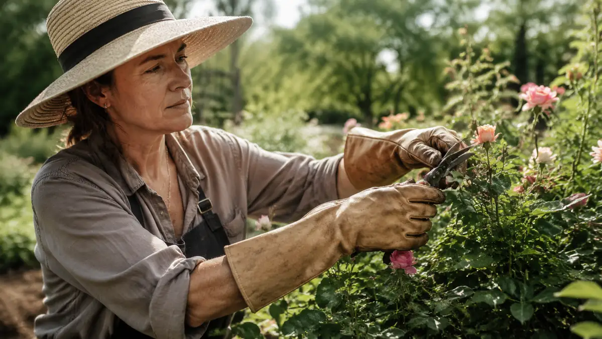Gardener wearing long-cuff leather gauntlet gloves reaching into a thorny rose bush to prune a cane
