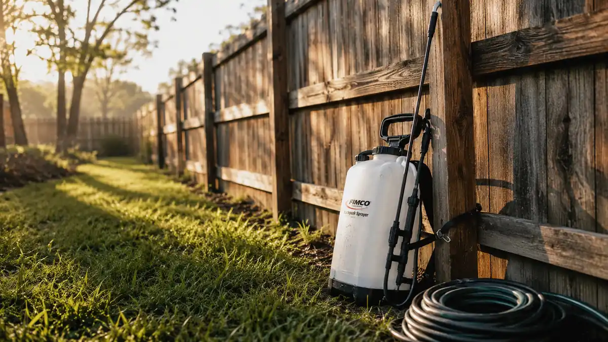 Wooden fence line with thick healthy grass and a white backpack sprayer resting against a post in early morning light
