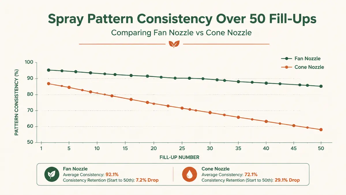 Simple chart comparing spray pattern consistency of fan versus cone nozzle over dozens of uses