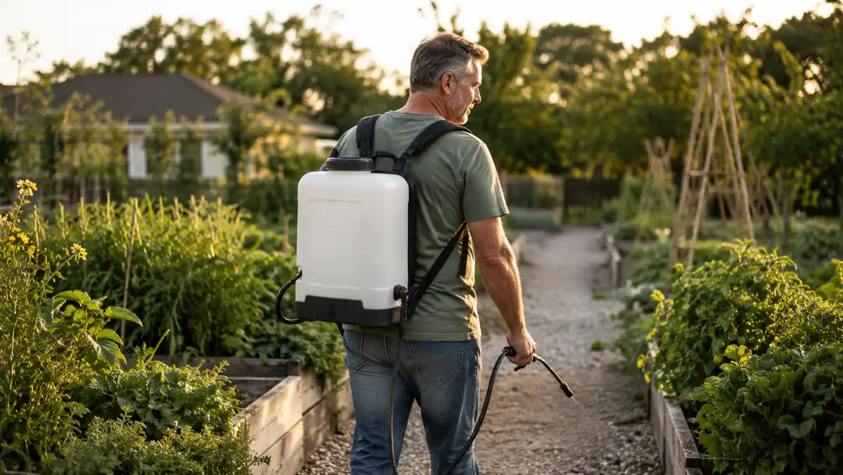 Gardener wearing a backpack sprayer walking down a row of raised garden beds in early morning light