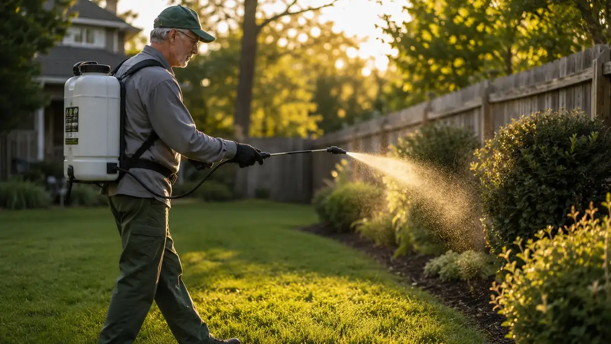 Gardener wearing a backpack sprayer while treating a lawn in early morning light