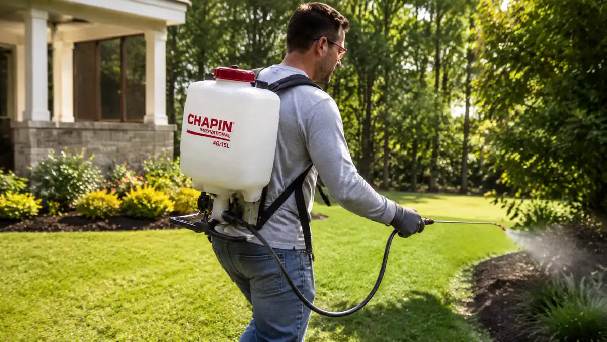 A gardener wearing the Chapin backpack sprayer, hose and wand extended, spraying a wide lawn area