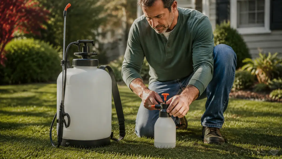 A backpack sprayer and a handheld pump sprayer side by side on a lawn, ready for comparison