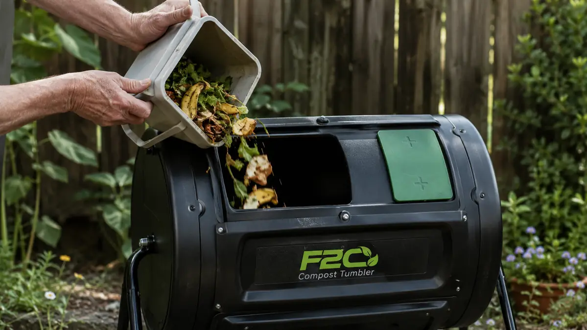 Hand sliding kitchen scraps into the chamber door of a black dual-chamber compost tumbler