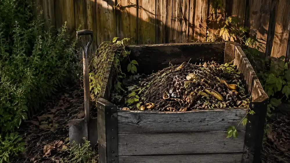 A messy open compost pile against a wooden fence with a shovel stuck in it