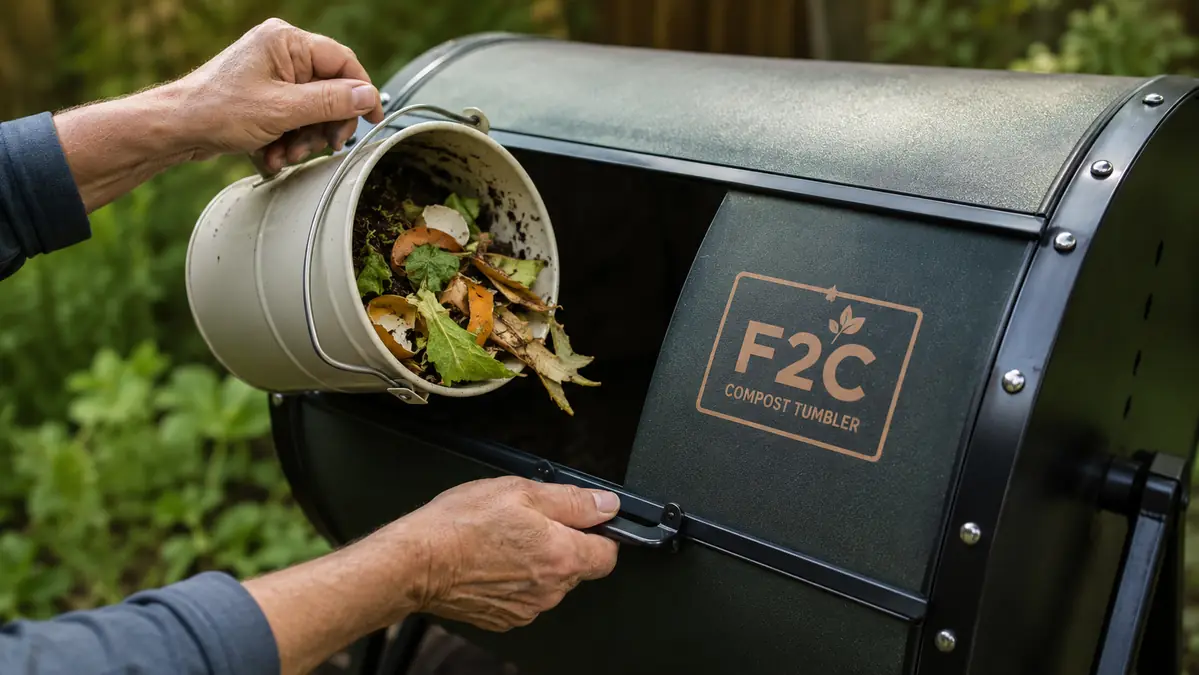 A hand sliding open the door of the compost tumbler and tipping in a bucket of kitchen scraps