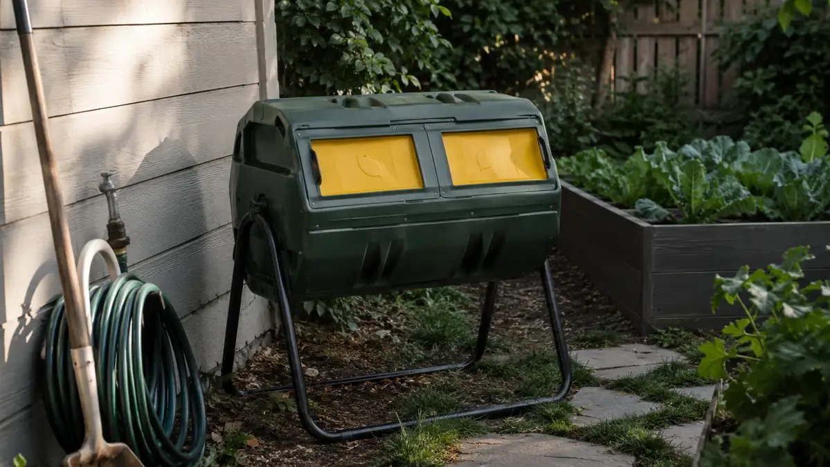 Black dual-chamber compost tumbler sitting on its steel frame in a backyard garden corner, kitchen scrap bucket beside it