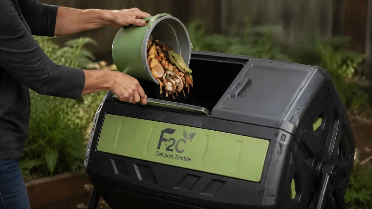 Hand sliding open one of the tumbler's chamber doors to add kitchen scraps