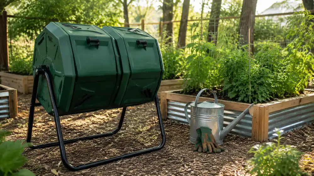 Black dual-chamber compost tumbler on a steel frame sitting in a backyard vegetable garden