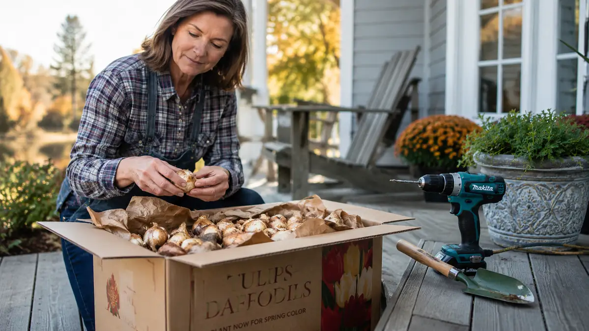 Open box of tulip and daffodil bulbs on a porch step next to a garden trowel and a cordless drill