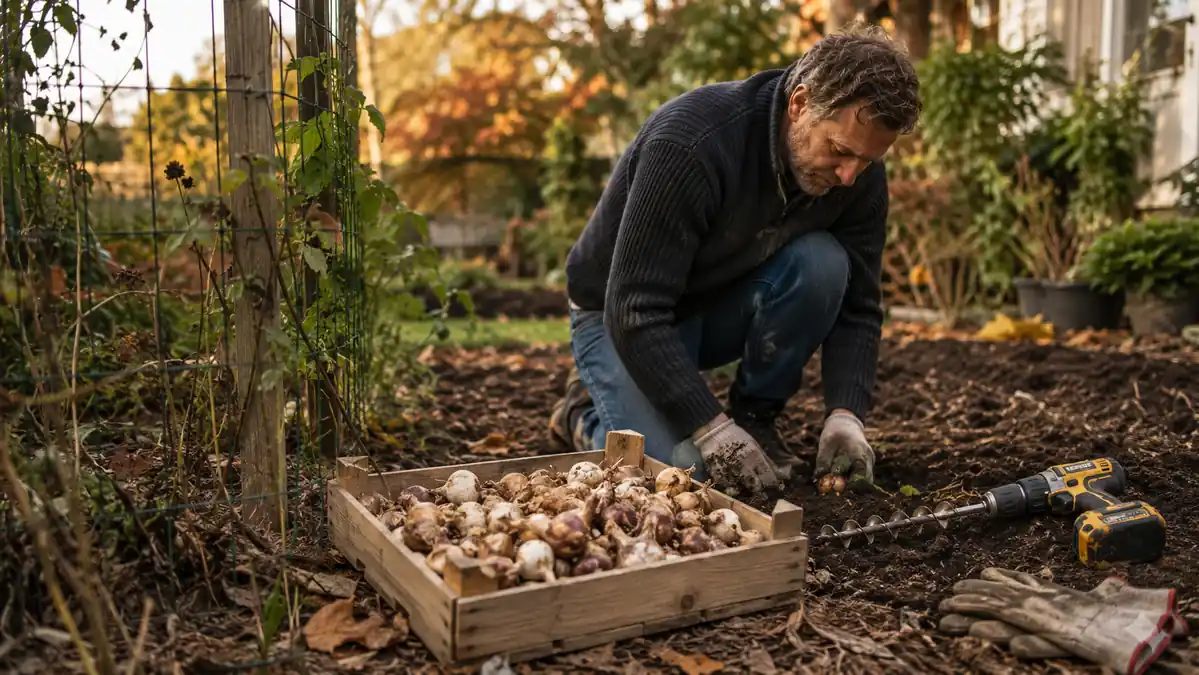 Gardener crouched in a fall flower bed with a cordless drill and spiral auger bit resting beside a crate of daffodil bulbs