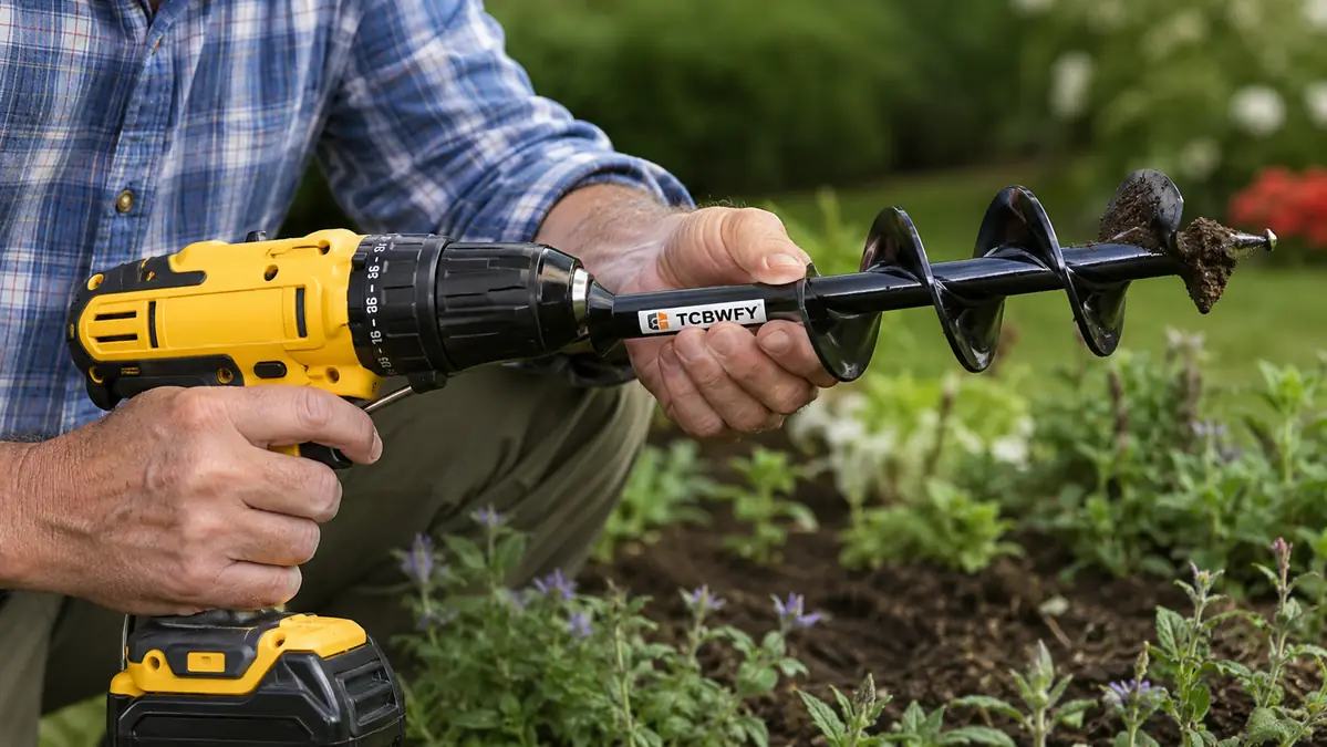 Close-up of the dual sharp blades on the spiral auger bit next to a cordless drill chuck