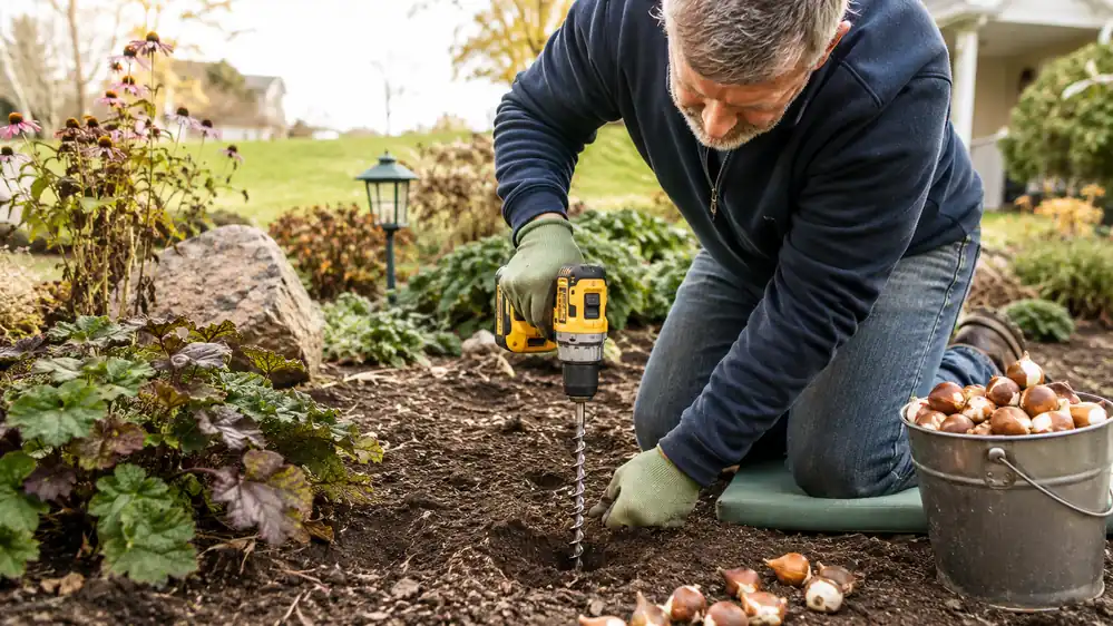 Gardener kneeling in a flower bed using a cordless drill with a spiral auger bit to dig a planting hole