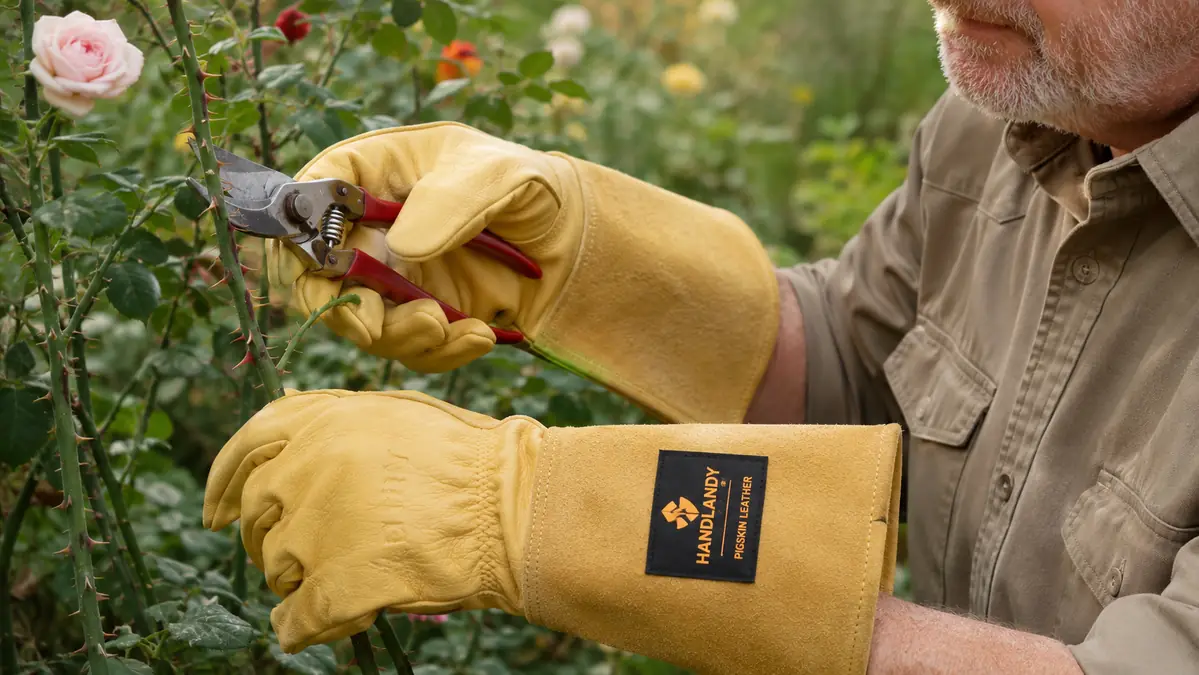 Close-up of a hand in a long leather gauntlet glove gripping pruners beside a thorny rose cane