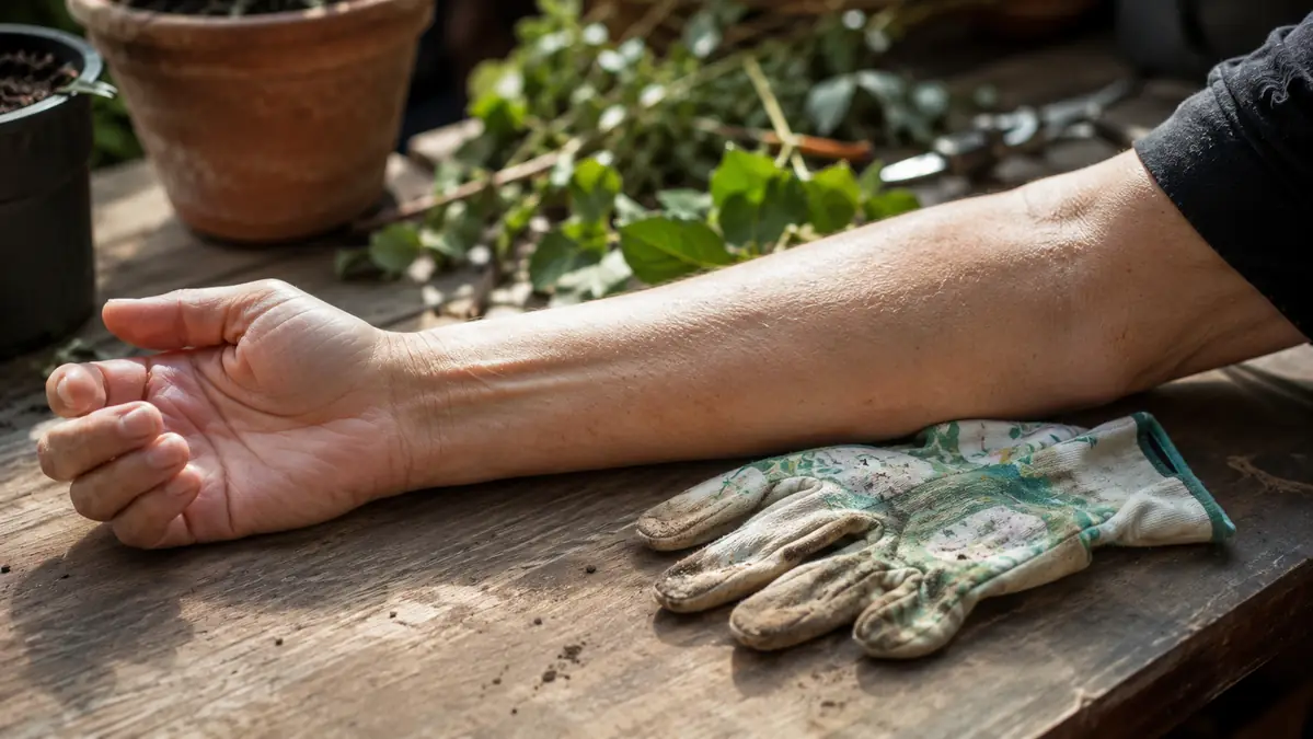 Gardener's forearm scratched with thin red scratches after a pruning session without proper gloves