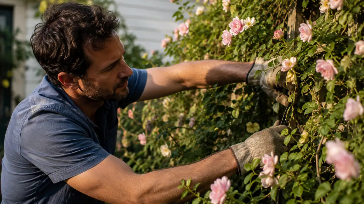 Gardener reaching into a thorny climbing rose with bare forearms exposed above short garden gloves
