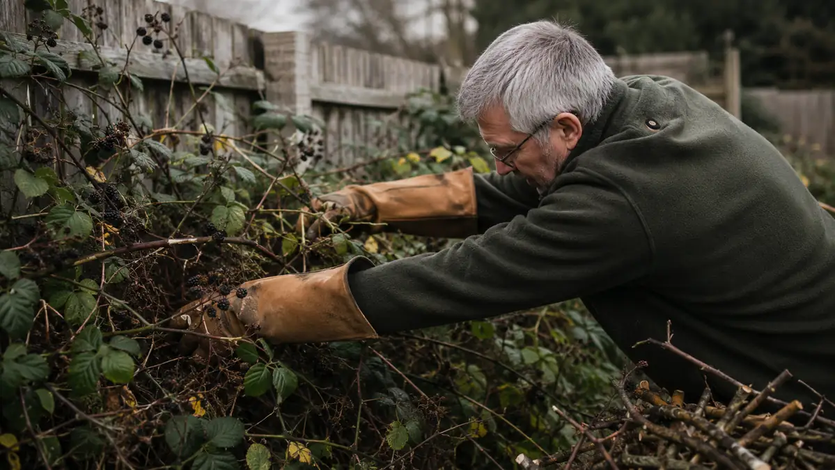 Gardener in leather gauntlet gloves reaching into a thorny blackberry bramble to clear cut canes