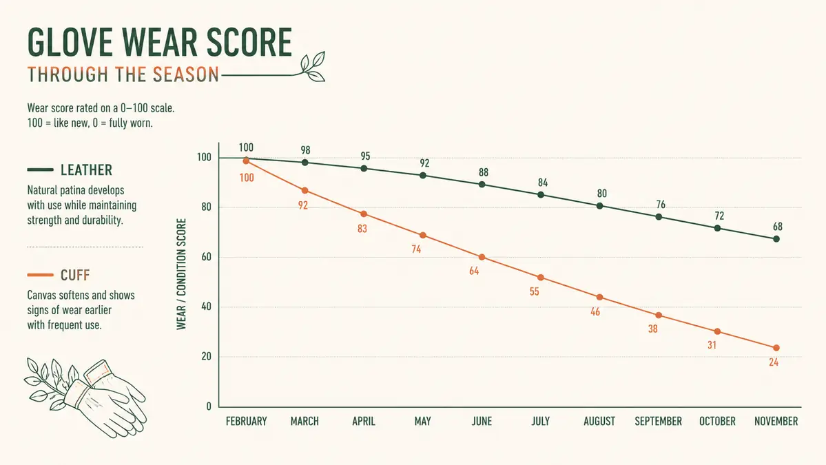 Chart showing glove wear condition across five months of a rose pruning season