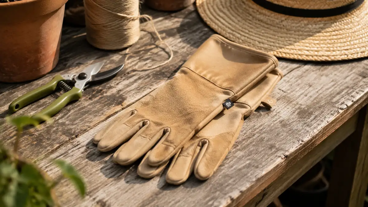 Pair of long leather gauntlet gloves resting on a potting bench next to bypass pruners and a sun hat