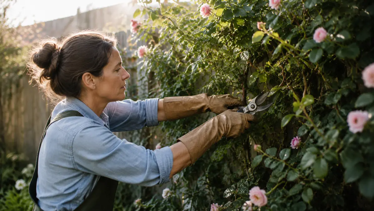 Gardener wearing long leather gauntlet gloves while pruning a climbing rose bush