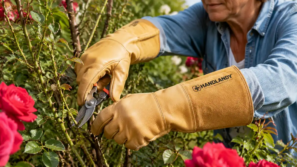 A gardener wearing the HANDLANDY gauntlet gloves reaching into a thorny rose bush to prune a cane