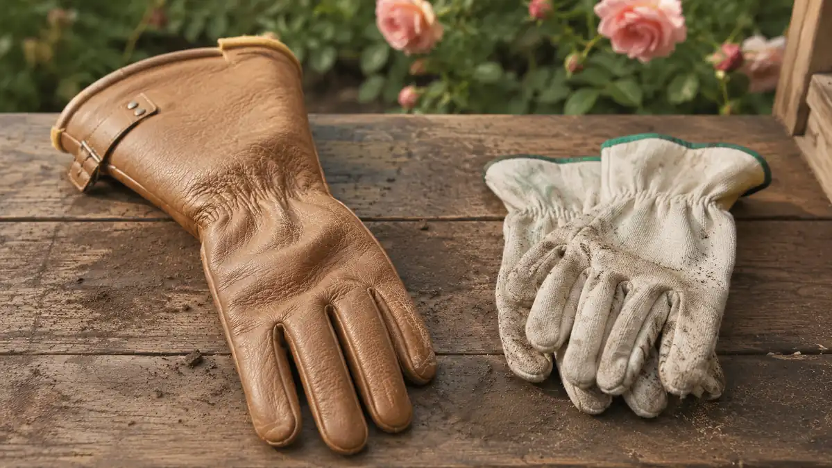 A pair of long-cuff leather gauntlet gloves laid next to a pair of basic cotton garden gloves on a wooden potting bench