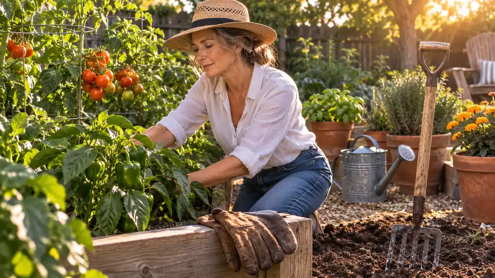 A lush backyard garden with raised beds and garden tools at hand, warm late-afternoon light, lived-in and well-tended