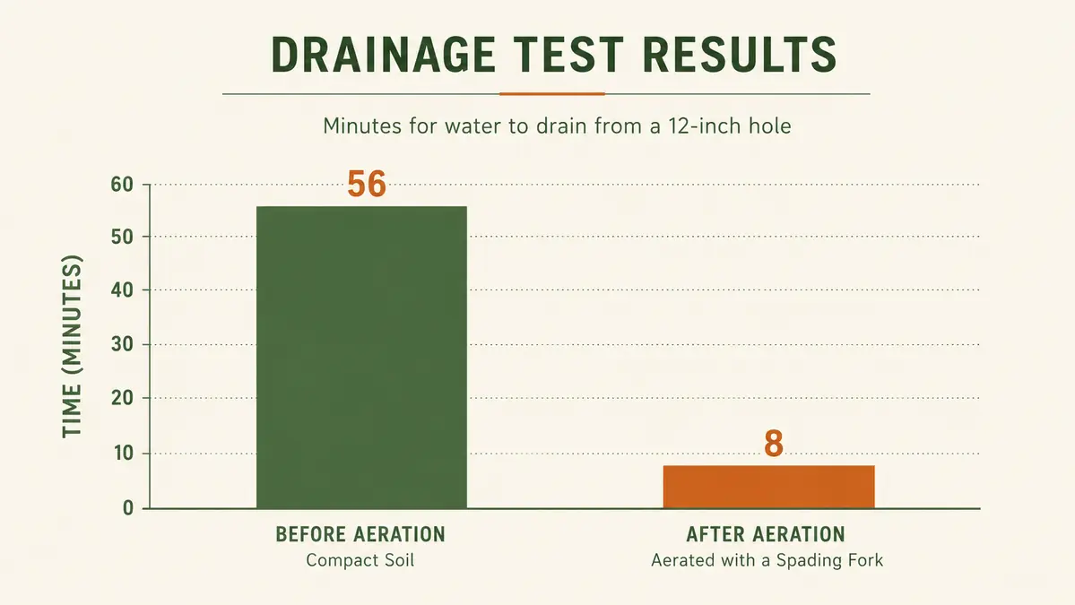 Chart showing water drainage time in a clay test hole before and after aeration with a spading fork