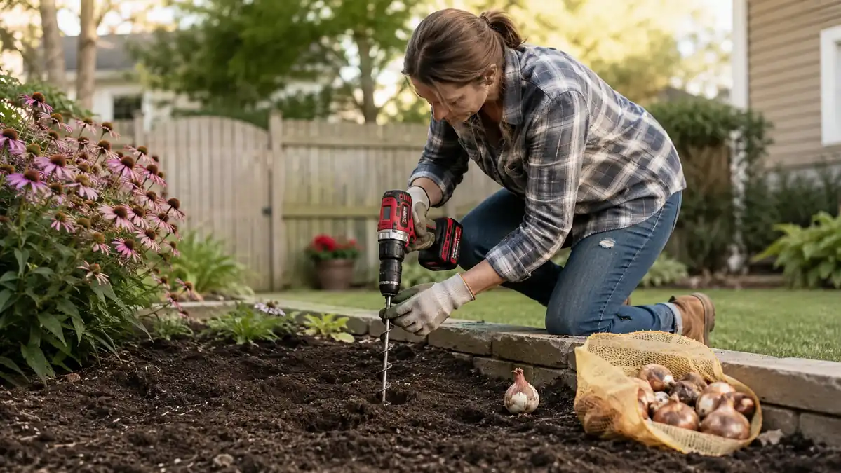 Gardener kneeling in a flower bed drilling a planting hole with a garden auger bit chucked into a cordless drill