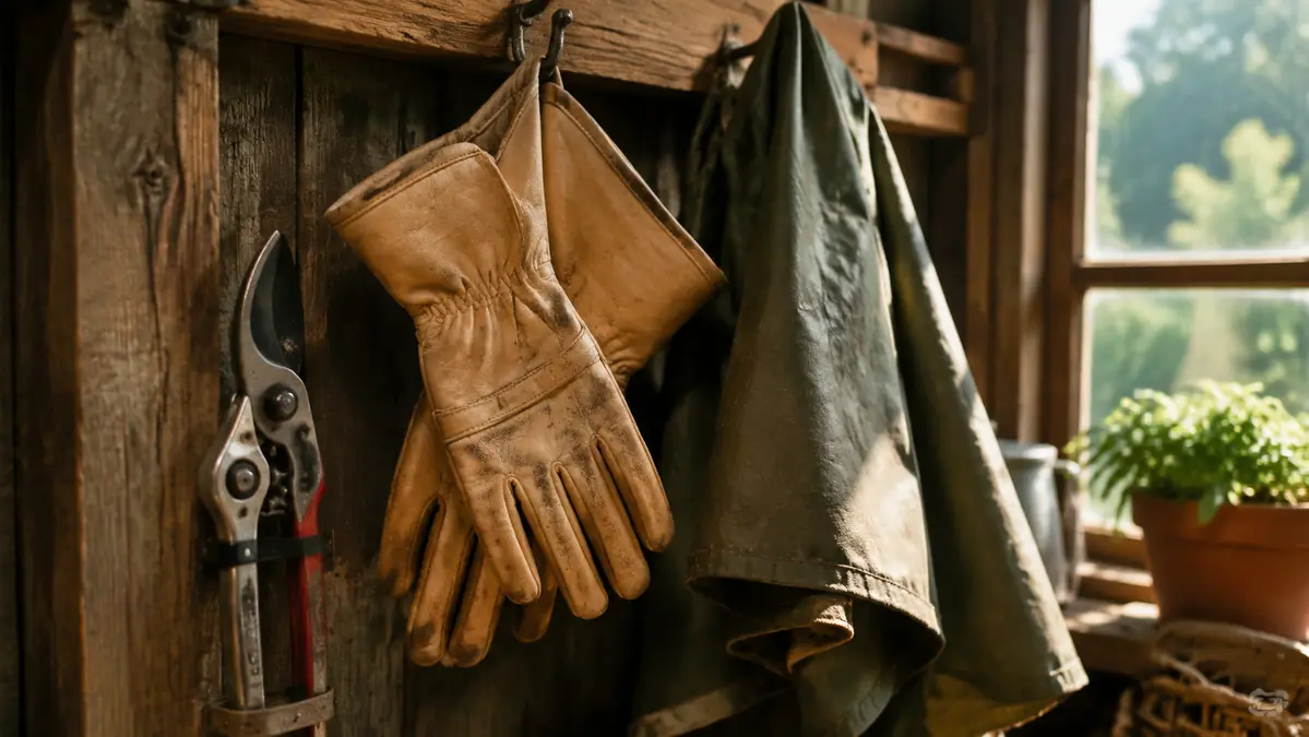 Pair of long leather gauntlet gloves hanging on a hook inside a garden shed next to pruners and a tarp