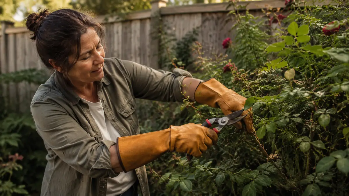 Gardener wearing long leather gauntlet gloves reaching into a thorny rose bush with bypass pruners