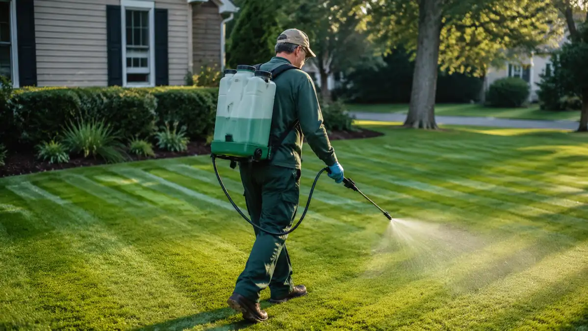 Gardener wearing a backpack sprayer walking a steady overlapping pattern across a lawn treating dandelions