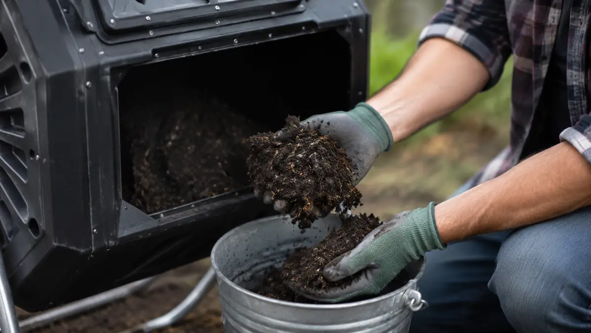 Gloved hands scooping finished, dark crumbly compost out of the tumbler chamber into a small bucket