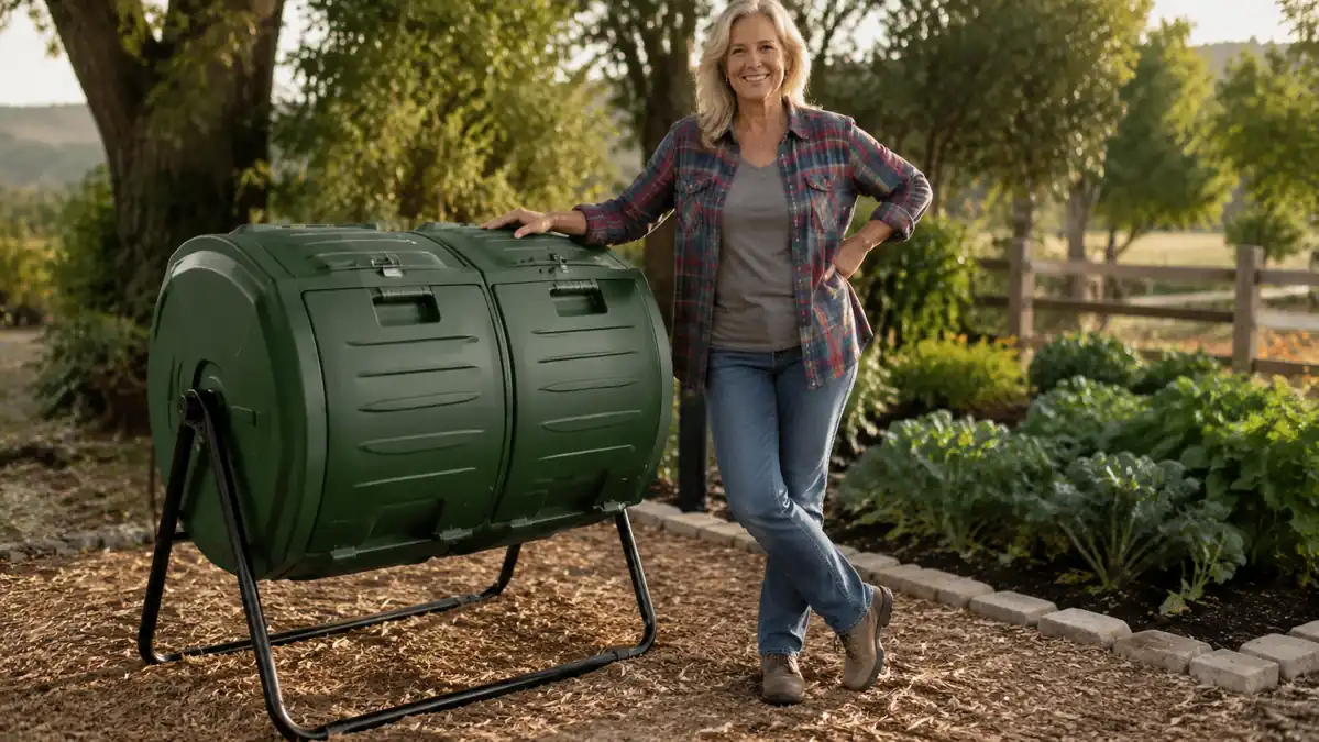 Beginner gardener standing beside a black dual-chamber compost tumbler set up near a small backyard vegetable patch