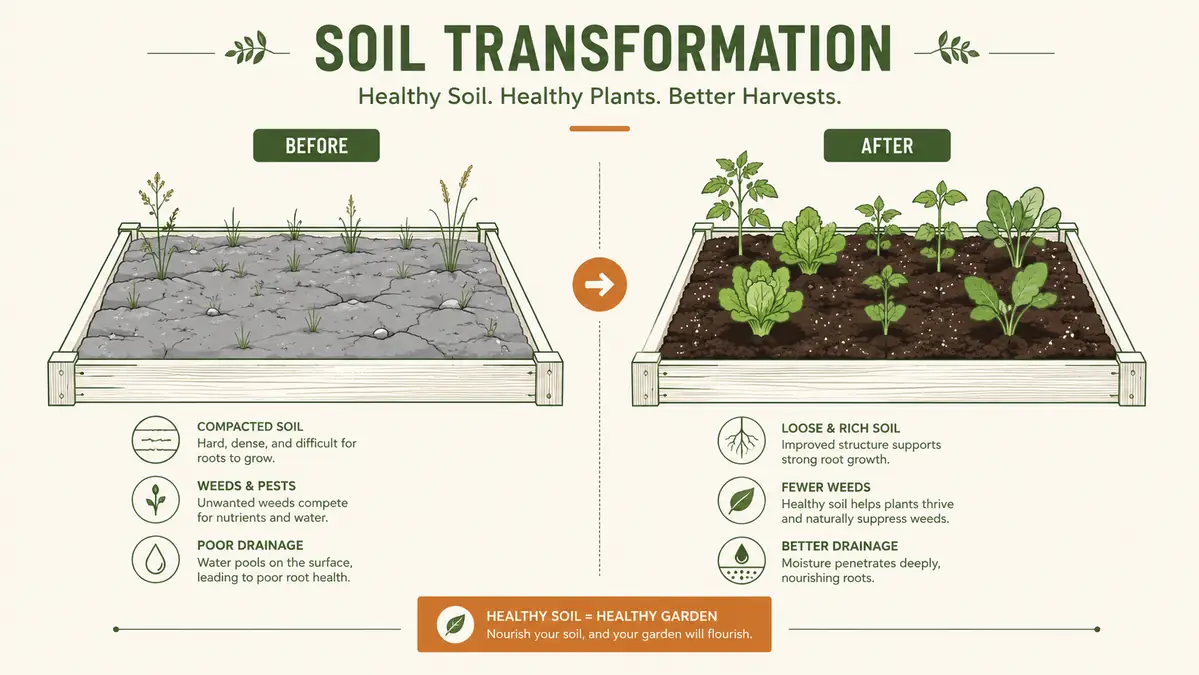 Before and after photo pair of the raised bed, weedy packed clay versus loose dark planted soil