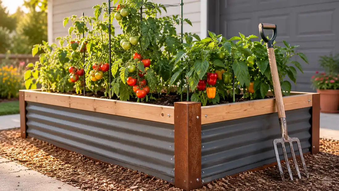 Raised bed now full of thriving vegetable plants with a spading fork leaning against the corner post