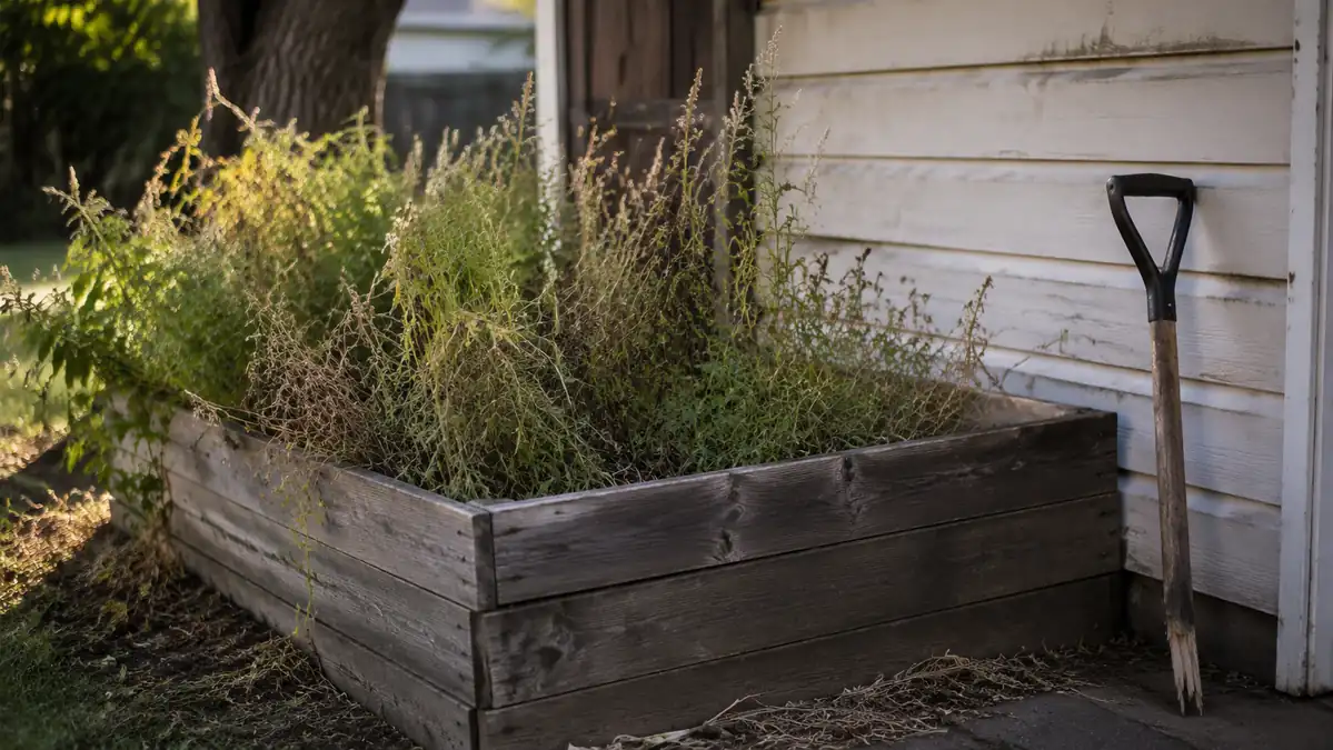 Empty weedy raised bed frame next to a garage with a cracked shovel handle leaning against the wall
