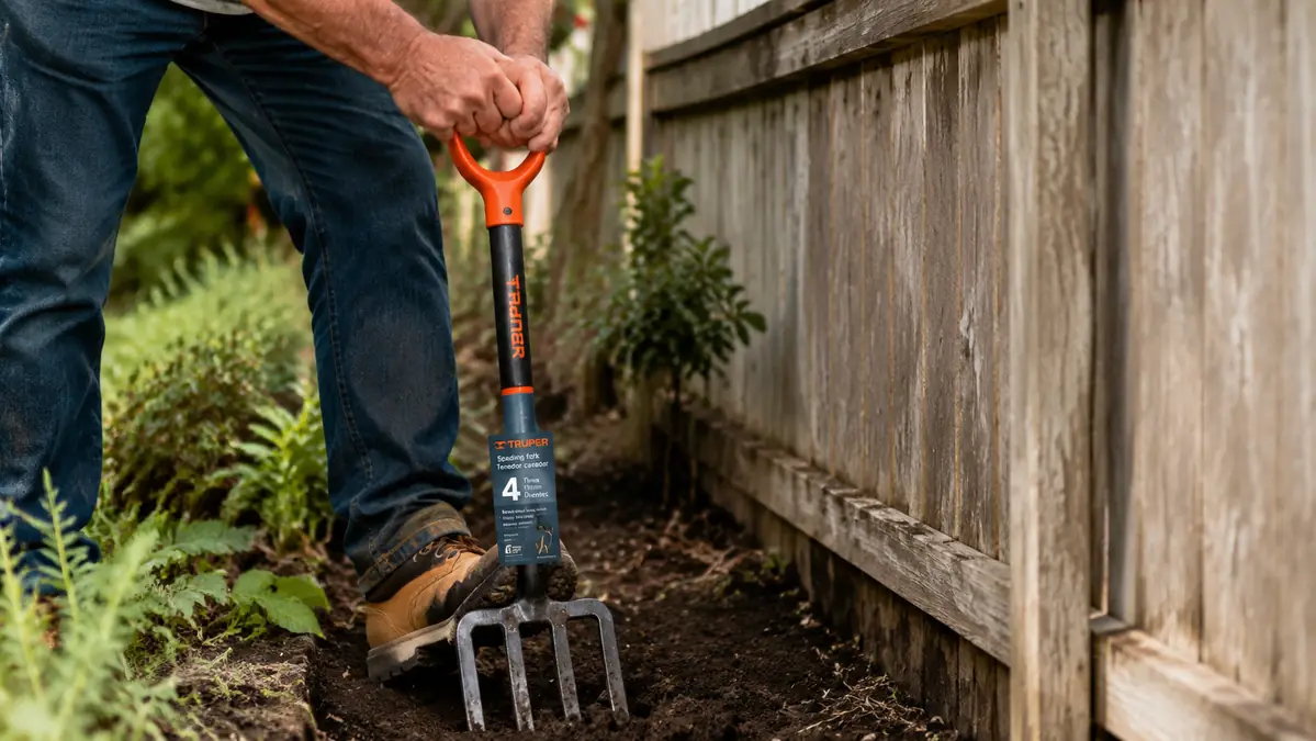 Hands driving the steel tines of a spading fork into soil at the edge of a new garden trench near a fence line