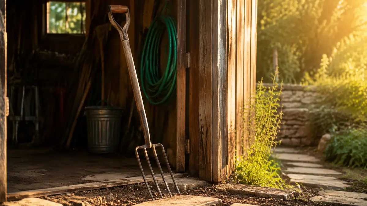 Weathered Truper spading fork leaning in a shed doorway at dusk with a scuffed wood handle and worn steel tines
