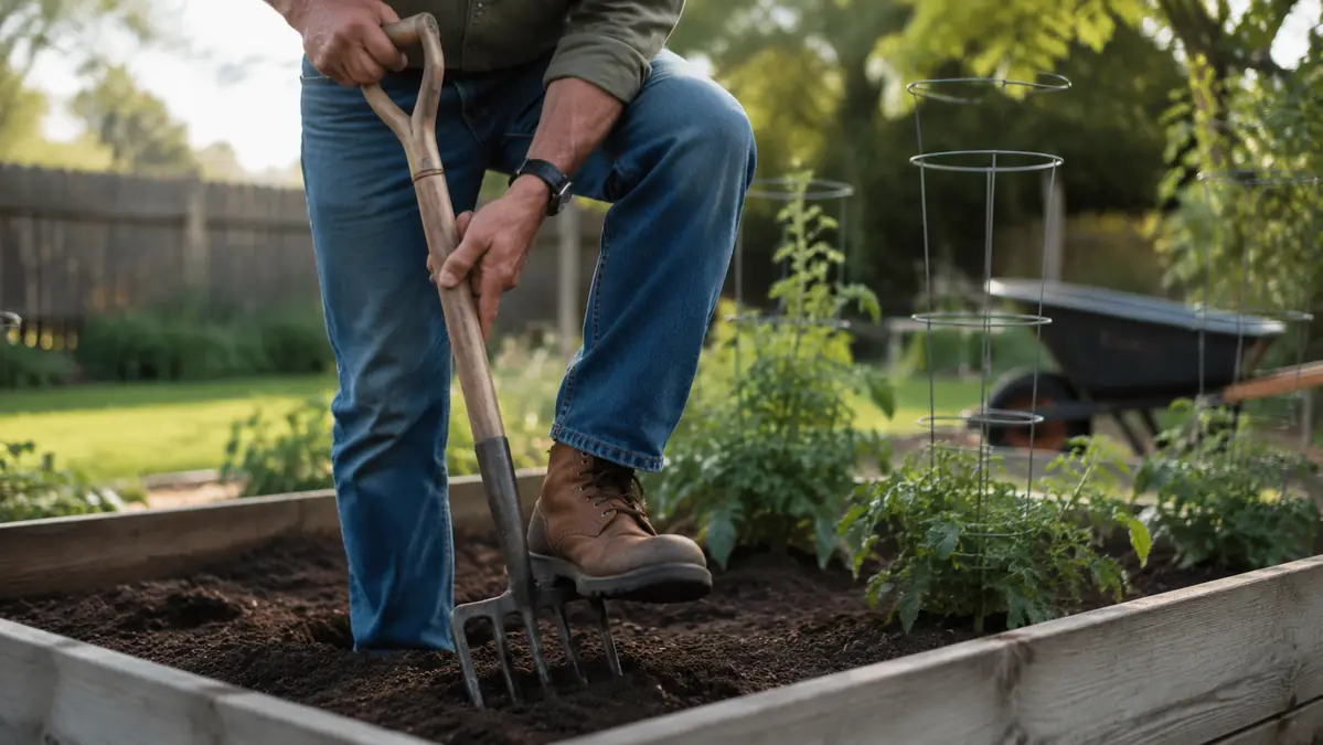 Gardener pressing a foot onto a four-tine spading fork to break ground in a raised bed at morning light