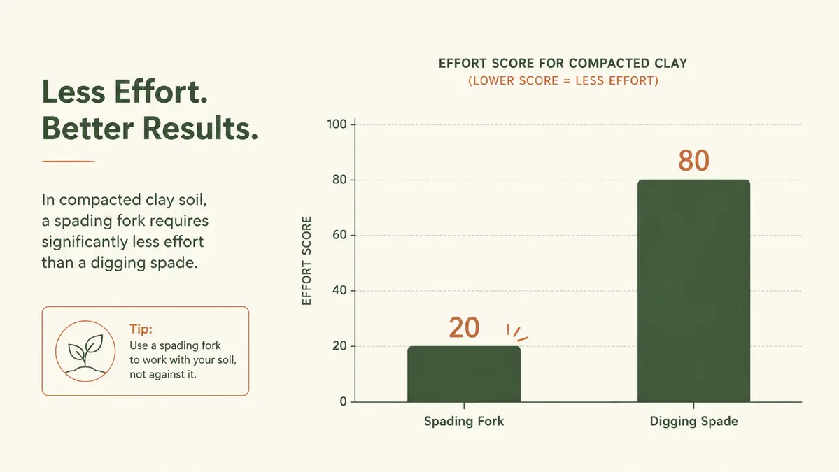 Bar chart comparing average seconds per thrust needed to break through compacted clay soil for a spading fork versus a flat digging spade