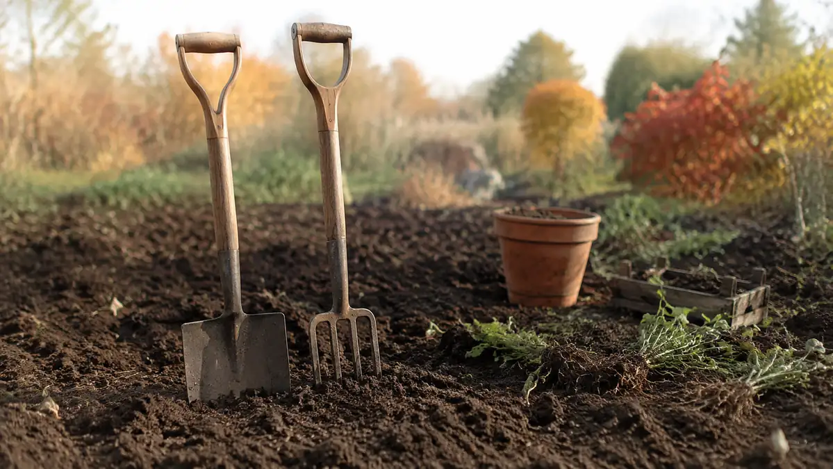 A Truper 4-tine spading fork and a flat digging spade stand upright side by side in a freshly turned garden bed